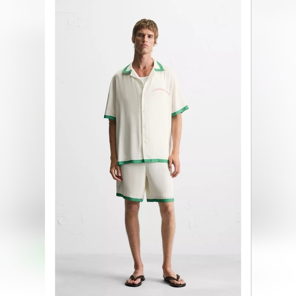 Zara White and Green Contrast Stripe Satin Men's Shirt And Short Set